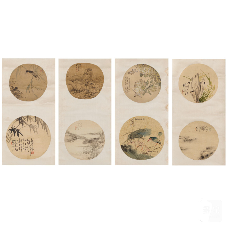 （款）居巢（1811-1865）/俞廉三（1841-1912）等晚清八家 花鳥團扇面八幀 立軸四聯屏 | VARIOUS LATE-QING ARTISTS